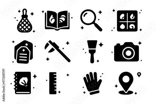 Shell Collecting Toolkit. Shell Collecting Tools. Solid icons set of Shell Collecting Tools: mesh bag, field guide, magnifying glass, specimen box, labeling