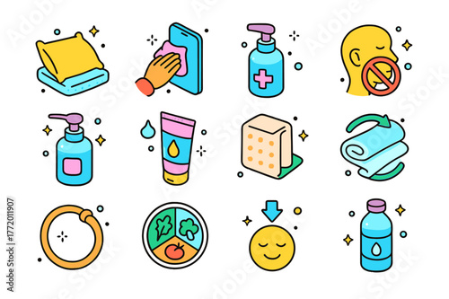 Acne Hygiene Icons. Acne prevention hygiene. Colorful isometric vector icons set of Acne prevention hygiene: clean pillowcase, phone wipe, hand sanitizer,