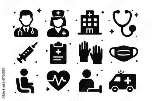 Hospital Icons Set. Hospital Staff. Solid icons set of Hospital Staff: doctor, nurse, hospital building, stethoscope, syringe, clipboard, gloves, medical mask,