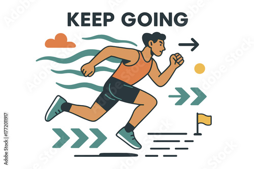 Dynamic Sprint Illustration. Runner in motion. A sprinter slices through ribbons of air; ?Keep going? floats above pace marks. Footsteps align as bold chevrons