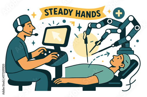 Remote Surgery Precision. Robotic remote surgery. A surgeon guides delicate instruments from a console while a robot mirrors the motion; ribbon reads ?steady