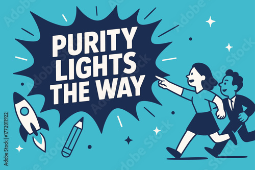 Purity Lights the Way. Purity Lights the Way banner, flat vector illustration, bold oversized text inside comic burst, cartoon characters running and pointing