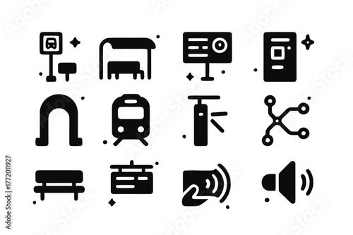 Public Transport Icons. Public transportation hub. Solid icons set of Public transportation hub: bus stop, shelter, timetable, ticket machine, metro entrance,
