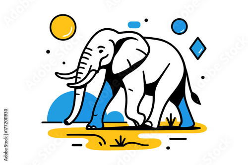 Majestic Geometric Elephant. Endangered Species. Elephant walking through savannah with floating abstract geometric shapes and soft glowing highlights,