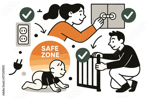 Babyproofing Essentials. Safety & babyproofing. Outlet covers, cabinet locks, and a gate align with green checks; ?Safe zone? glows near a crawling baby icon.