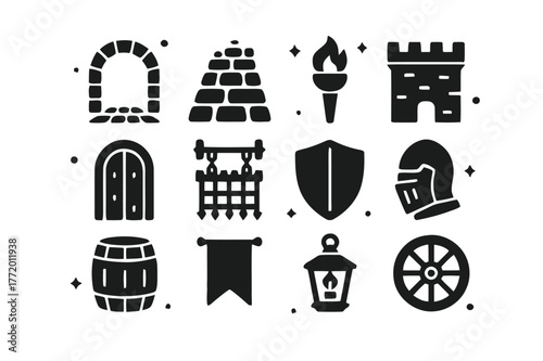 Medieval Icon Set. Medieval Pathway. Solid icons set of Medieval Pathway: stone archway, cobbled street, torch, castle wall, wooden door, chain gate, shield