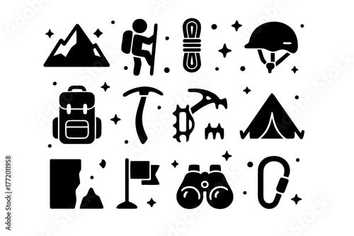Alpine Iconic Adventure. Alpine Adventure. Solid icons set of Alpine Adventure: mountain, climber, rope, helmet, backpack, ice axe, crampons, tent, cliff,