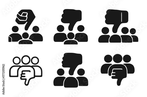 Audience Reaction Icons. audience reaction. Set Logo of audience reaction: Thumbs-down boo sign. Icon set. harmonious logo variations of the same emblematic