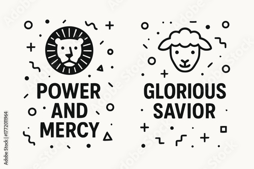 Lion and Lamb Banners. Lion and Lamb. Two vertical A6 banners with safe margins, centered composition, no elements touching edges, memphis, black and white,