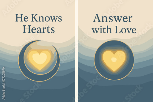 Hearts to Allah. Hearts to Allah. Two vertical A6 banners with safe margins, centered composition, no elements touching edges, pastel, navy and gold, glowing