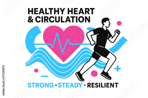 Healthy Heart Run. Healthy Heart & Circulation. A stylized heart beats behind a runner silhouette; pulse lines form geometric waves. Floating text reads