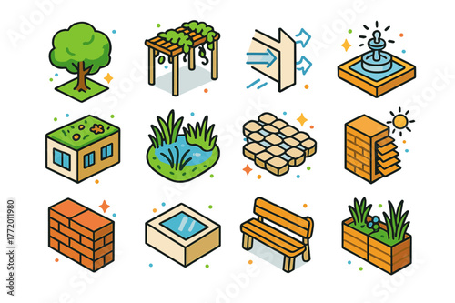 Eco Urban Design Icons. Green architecture in urban spaces without technology. Colorful isometric vector icons set of Green architecture in urban spaces