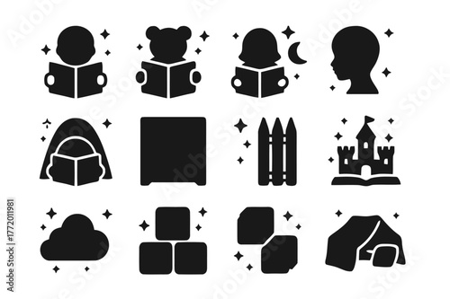 Children's Reading Icons. Children Reading. Solid icons set of Children Reading: storybook, teddy bear, stars, moon, child silhouette, blanket, bookshelf,