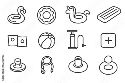 Inflatable Pool Toy Icons. Inflatable Pool Toys. Line icon set of Inflatable Pool Toys: flamingo float, donut float, unicorn float, inflatable lounger, arm