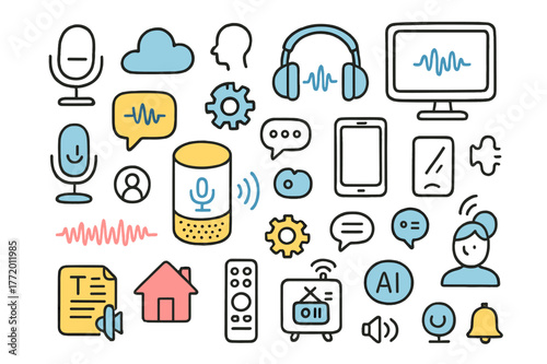 Voice-Controlled Devices. Voice-controlled tech. Hand-drawn doodle illustration smart speaker (colored), microphone (colored), headphones (colored), smartphone