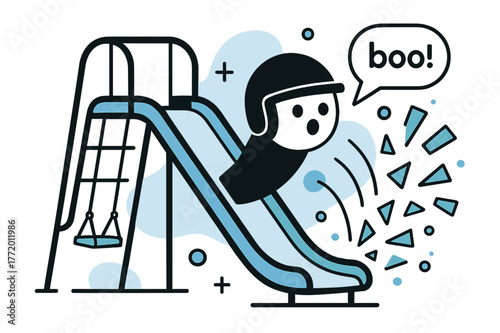 Playful Slide Surprise. Playground Slide Surprise. A helmet pops from the slide mouth with a whisper ?boo!?; swings behind trace smooth arcs. Confetti shapes