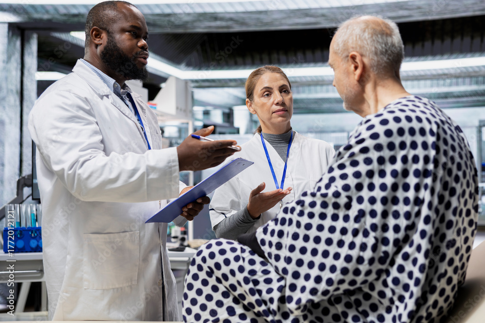 Fototapeta premium Medical researchers performing observation study in a laboratory setting, analyzing side effects and dosage response of new pills during clinical trial to support pharmacology breakthrough.