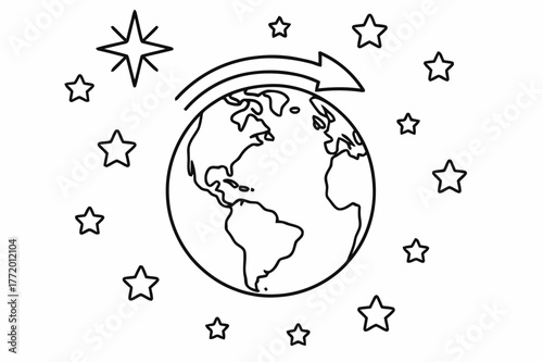 Earth and Stars Coloring. Stars and Earth?s rotation children?s coloring book illustration, outlined drawing, a globe showing a curved arrow of rotation with