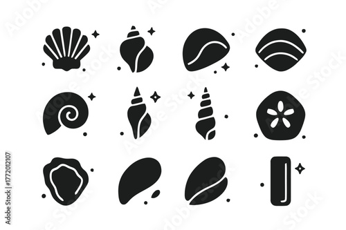 Seashell Icons Collection. Seashells. Solid icons set of Seashells: scallop shell, conch shell, cowrie shell, clam shell, nautilus shell, whelk shell, auger