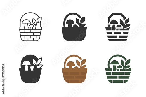 Wild Foraging Logos. Wild food foraging. Set Logo of Wild food foraging: wicker basket with leaves and mushrooms. harmonious logo variations of the same