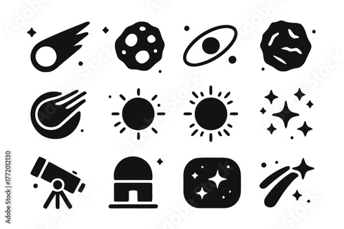 Cosmic Icons Grid. Comets and cosmic ice. Solid icons set of Comets and cosmic ice: comet with tail, icy core, orbit line, frozen surface, solar wind, nucleus,