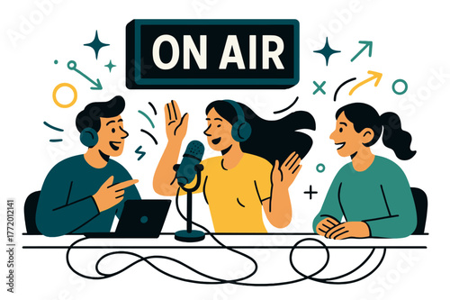 On-Air Studio Vibes. Radio Studio Desk ? On-Air Light. A bold box reads ?ON AIR? blazing above the desk; cables arc in tidy loops. Small starbursts flick off