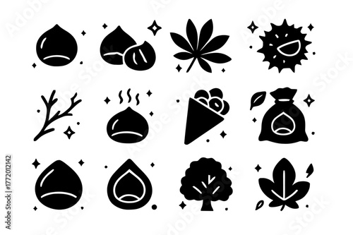 Chestnut Icons Collection. Chestnut. Solid icons set of Chestnut: whole chestnut, cracked chestnut, chestnut leaf, burr husk, branch twig, roasted chestnut,