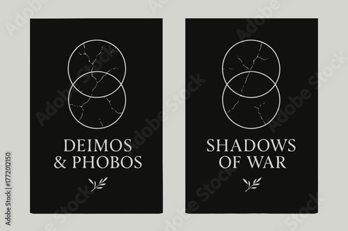Deimos & Phobos Banners. Twin of Phobos. Two vertical A6 banners with safe margins, centered composition, no elements touching edges, minimal, black and
