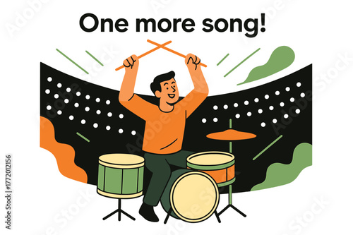 Encore Performance. Encore Moment. Sticks frozen midair above glowing drums, audience lights form a rhythmic pattern of dots. Caption: ?One more song!? Modern