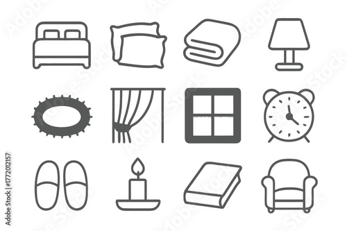 Cozy Bedroom Essentials. Bedroom Comfort. Line icon set of Bedroom Comfort: bed, pillows, blanket, bedside lamp, rug, curtain, window, alarm clock, slippers,