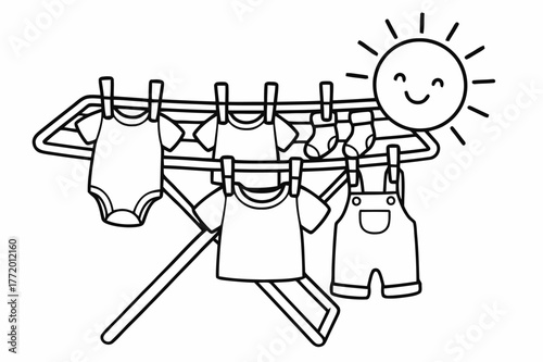 Baby Clothes Drying. Drying rack for baby clothes children?s coloring book illustration, outlined drawing, baby outfits and socks clipped to a small drying