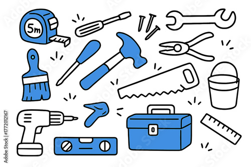 DIY Tools Doodle. // Home improvement tools. Hand-drawn doodle illustration Home improvement tools [tape measure (accented), paintbrush (accented),