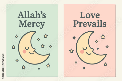 Mercy and Love Banners. Mercy & Love. Two vertical A6 banners with safe margins, centered composition, no elements touching edges, cartoon, pastel mint and