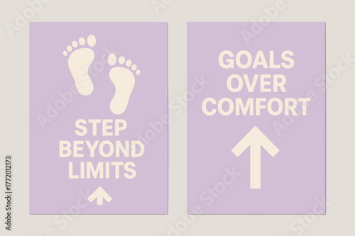 Step Beyond Limits. Step beyond limits. Two vertical A6 banners with safe margins, centered composition, no elements touching edges, minimal, lavender and