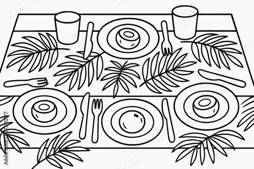 Beachy Table Coloring Page. Beachy table setting children?s coloring book illustration, outlined drawing, table runner with palm leaves, round plates with