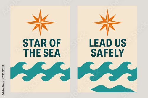 Starry Sea Banners. Star of the Sea. Two vertical A6 banners with safe margins, centered composition, no elements touching edges, modern, turquoise and orange,