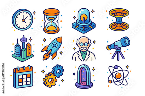Chronology Science Icons. Chronology science. Colorful isometric vector icons set of chronology science: clock, hourglass, time machine, wormhole, futuristic