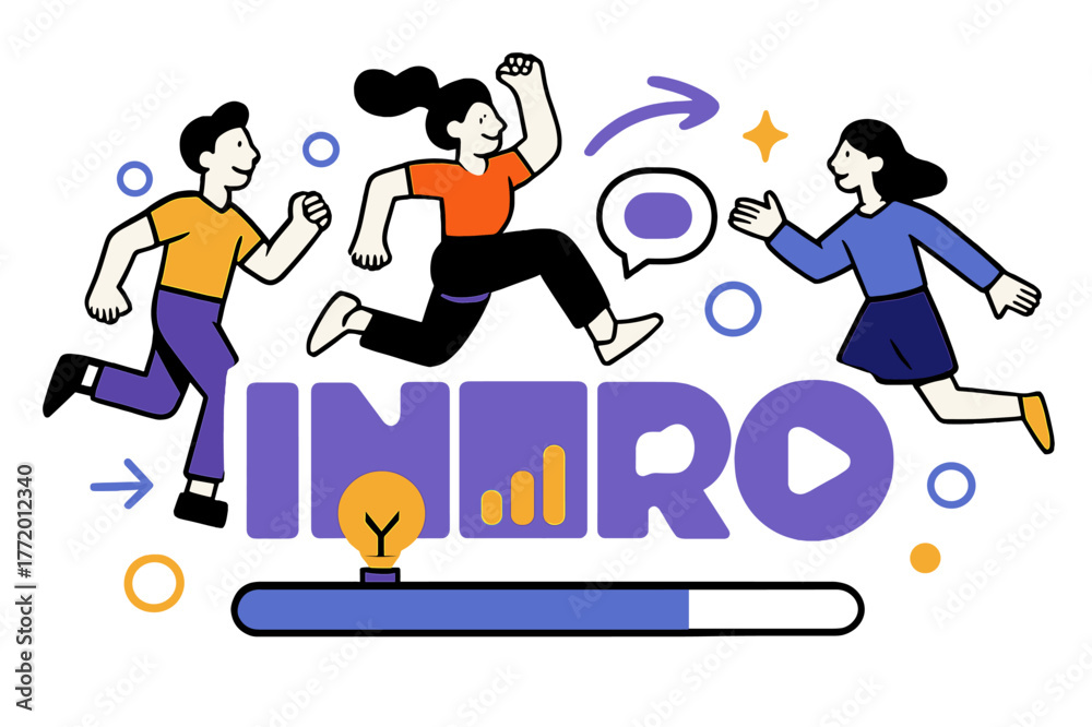 Obraz premium Dynamic Typography Scene. Kinetic Typography ? Title Sequence. The word ?INTRO? slides in segments; each letter reveals a simple icon within. A clean progress