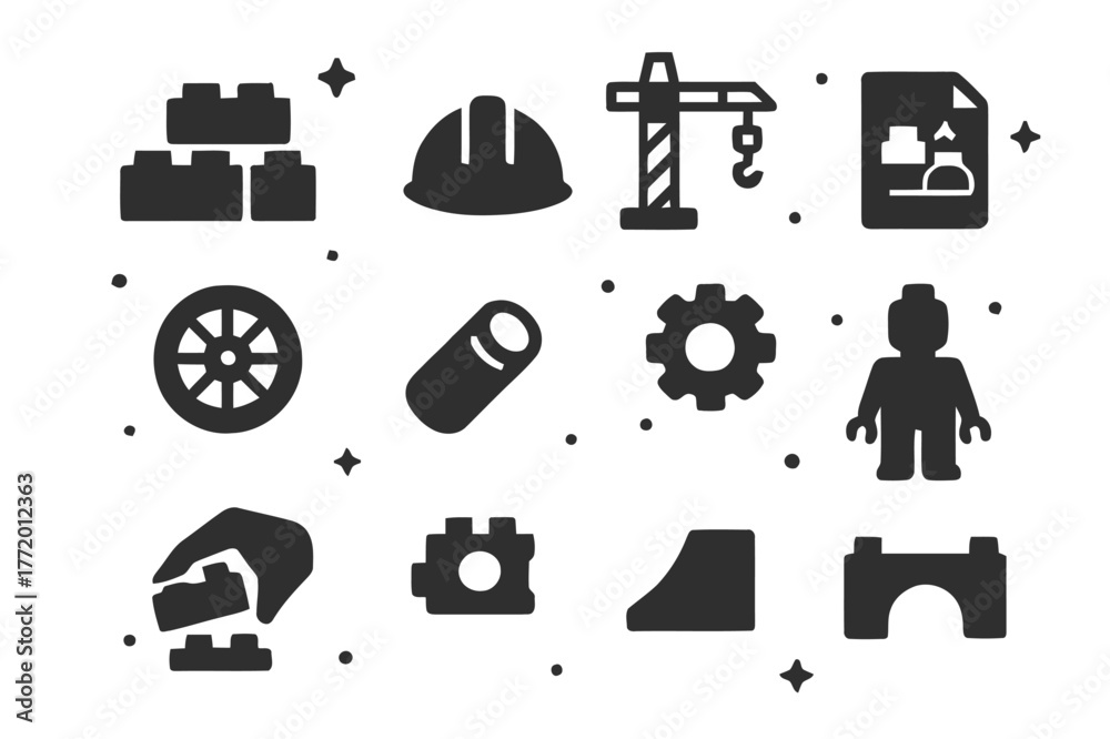 Fototapeta premium LEGO Icon Set. LEGO Construction Play. Solid icons set of LEGO Construction Play: stacked bricks, builder hat, crane arm, wheel, connector peg, instruction