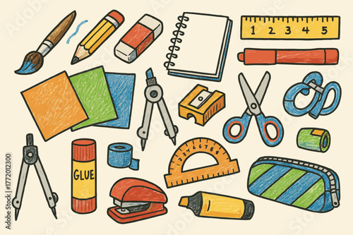 Art Supplies Galore. Paintbrush. Hand-drawn doodle illustration Paintbrush, colored pencil, eraser, sharpener, colored paper, sketchbook, colored marker,