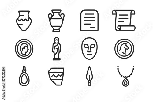 Ancient Relics Icons. Ancient relics. Line icon set of ancient relics: artifact, amphora, tablet, scroll, coin, statue, mask, seal, amulet, pottery shard,