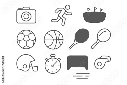 Sports Icon Set. Sports event capture. Line icon set of sports event capture: camera, athlete running, stadium, soccer ball, basketball, tennis racket,