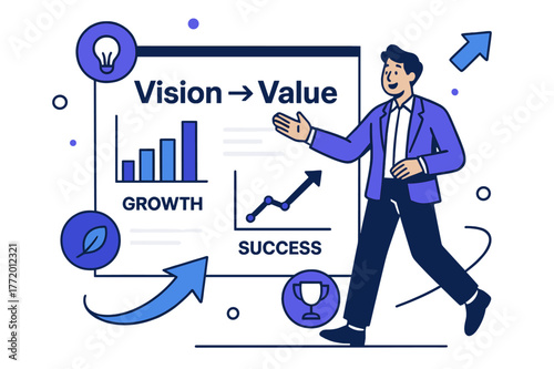 Dynamic Pitch Presentation. Developing a Business Pitch Deck. A presenter gestures toward clean slides featuring graphs and key phrases; a large title reads