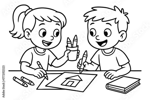 Friends Sharing Ideas. collaboration children?s coloring book illustration, outlined drawing, two friends sharing ideas and materials, educational design for