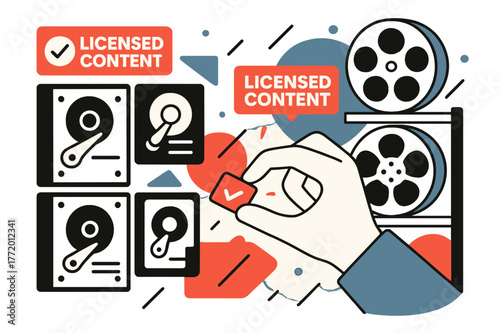 Content Licensing Archive. Television licensing and regulations ? Archival footage storage. Rows of drives and reels; icons of ?LICENSED CONTENT? labels hover.
