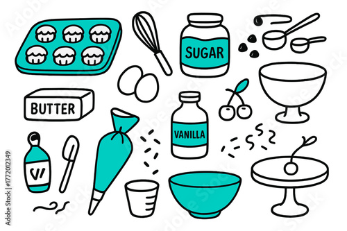 Dessert Baking Essentials. // Dessert baking. Hand-drawn doodle illustration Dessert baking [cupcake tray (accented), whisk, sugar jar (accented), butter