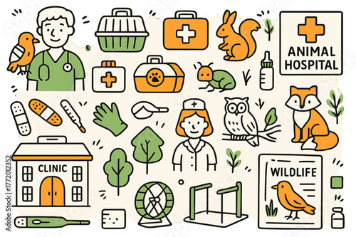 Colorful Animal Hospital Icons. Animal hospital. Hand-drawn doodle illustration veterinarian (colored), injured bird (colored), animal cage (colored), medical