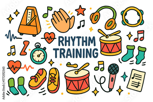 Colorful Rhythm Training Icons. Rhythm training. Colorful Hand-drawn doodle Children illustration Rhythm training metronome, drum, tambourine, shoes, musical