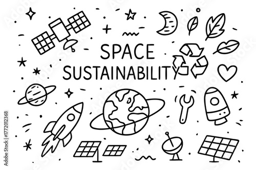 Space Sustainability Doodle. Space sustainability. Hand-drawn doodle illustration space sustainability Earth, recycle symbol, satellite, orbit ring, solar