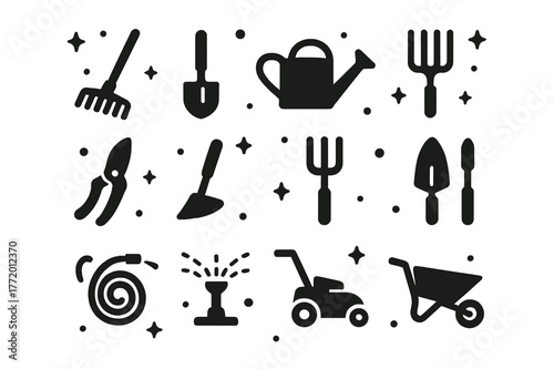 Gardening Tools Icons. Gardening tools. Solid icons set of Gardening tools: rake, shovel, watering can, garden fork, pruning shears, hoe, cultivator, trowel,